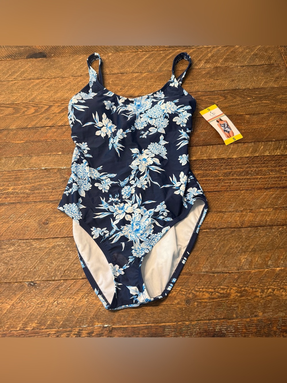 Women’s Navy Blue Floral One-Piece Swimsuit (Size S)